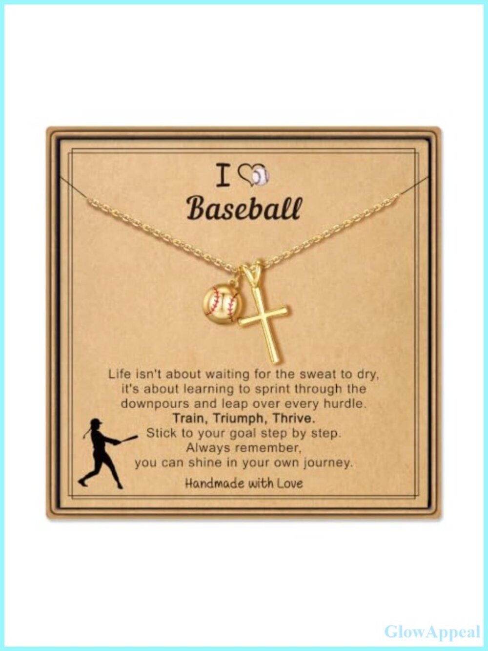14K Gold Plated Cross Baseball Pendant Necklace with Inspirational Card